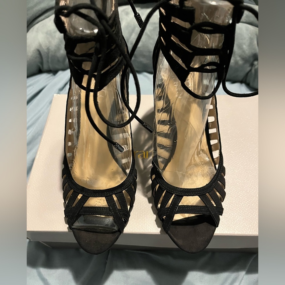 Franco Sarto Emira Black  Size 6 worn 1 time women’s lace up heeled sandals